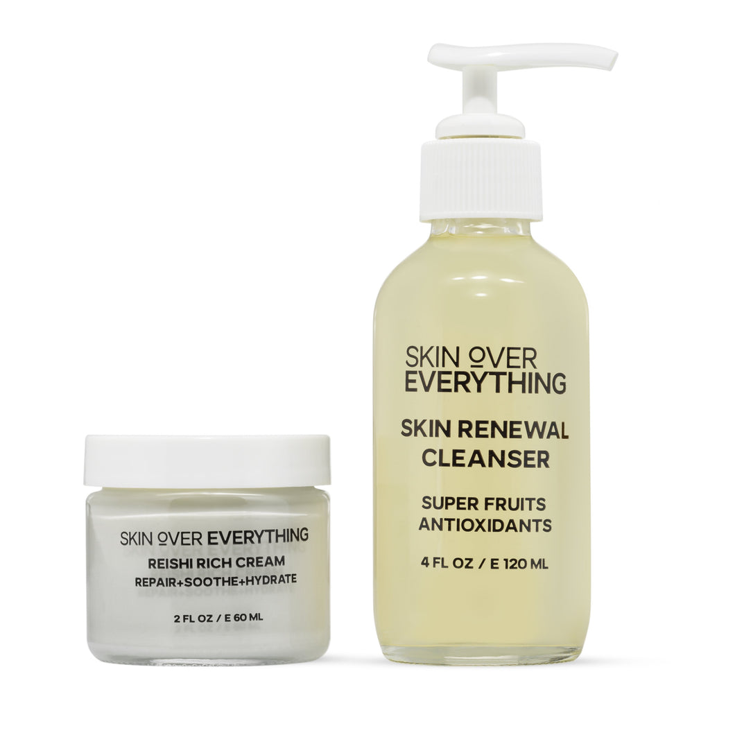 Skin Over Everything Back to Basics Bundle is a simply skin care routine that includes a facial cleanser and hydrating moisturizer.