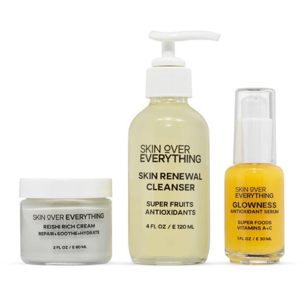 Skin Over Everything  Dry Skin Care  Kit is an easy skin care routine for dry skin types. It includes a facial cleanser, a face serum, and hydration moisturizer.