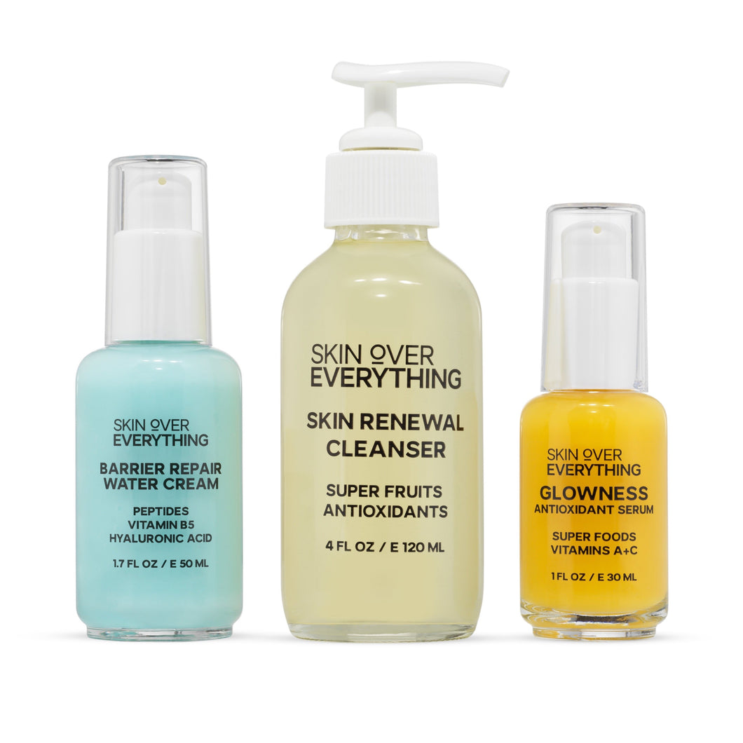 Skin Over Everything Combination to Oily Skin Care Kit is an easy skin care routine for people that experience oily skin and clogged pores. It includes a facial cleanser, a face serum, and light weight face lotion.