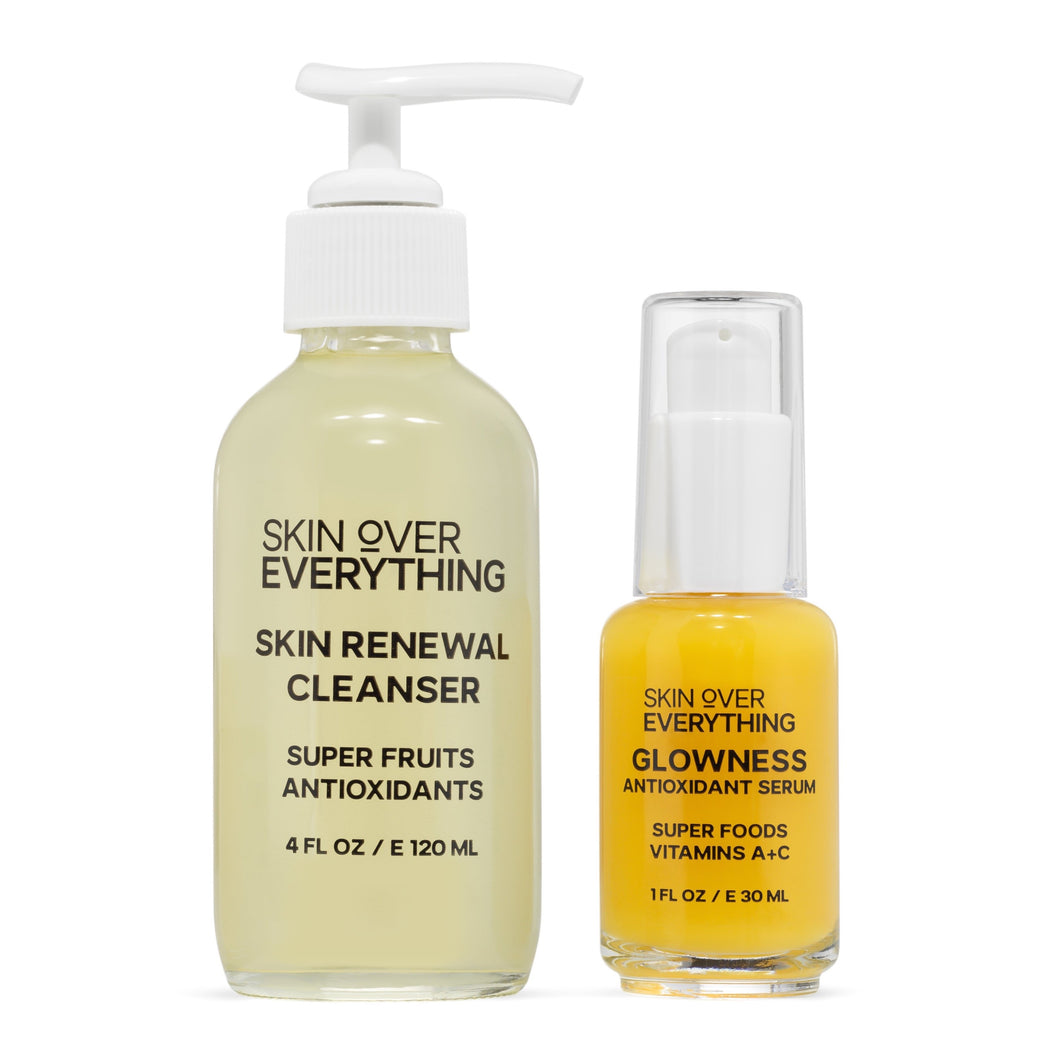 Skin Over Everything Stressed and Tired Skin Bundle is an easy skin care routine for brightening and bringing black glow and radiance to the skin. It includes a facial cleanser and an antioxidant face serum. This skin care treat helps with brightening, dark spots, and anti-aging.